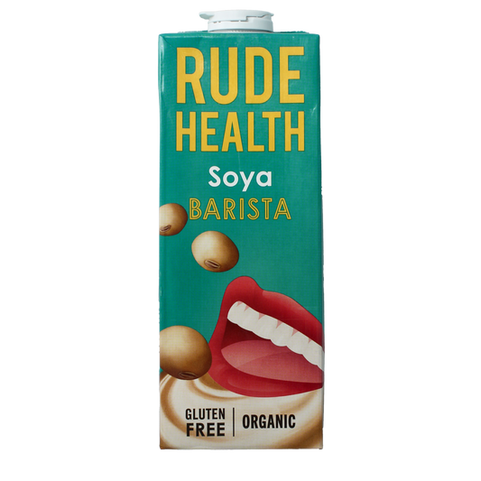 Organic Rude Health Barista Soy Milk in 1-liter carton, ideal for coffee and beverages, with a smooth, creamy soy texture.