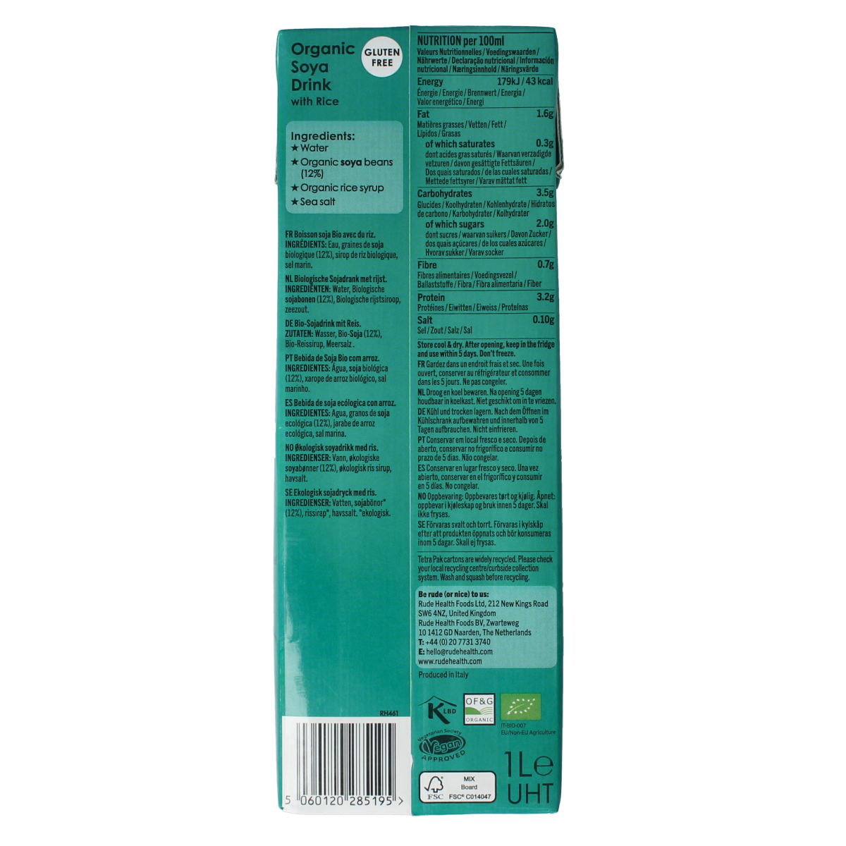 Rude Health Barista Soja Bio 1L plant-based soy milk in a carton, ideal for coffee and beverages.