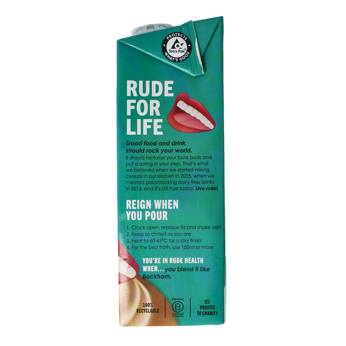 Rude Health Barista Soja Bio plant-based milk in a 1-liter carton, suitable for coffee and beverages, with soy beans visible.