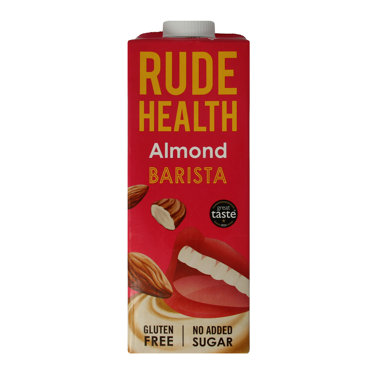 Rude Health Almond Barista plant-based milk in 1-liter carton, suitable for coffee and beverages, natural almond flavor