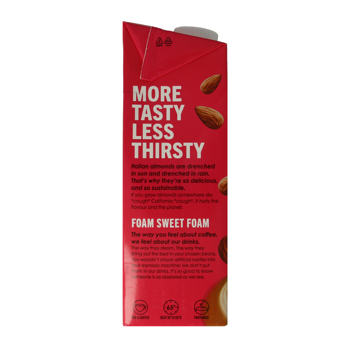 Rude Health almond barista drink in a 1-liter carton, suitable for coffee and beverage recipes, in a natural, creamy almond milk.