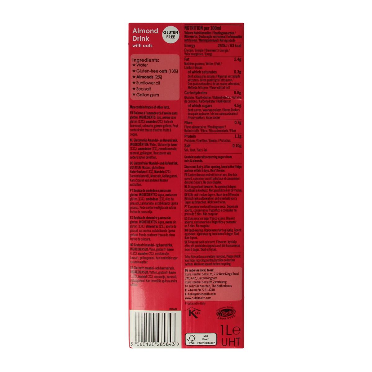 Rude Health Almond Barista plant-based drink in 1-liter carton, dairy-free almond beverage for coffee or smoothies.