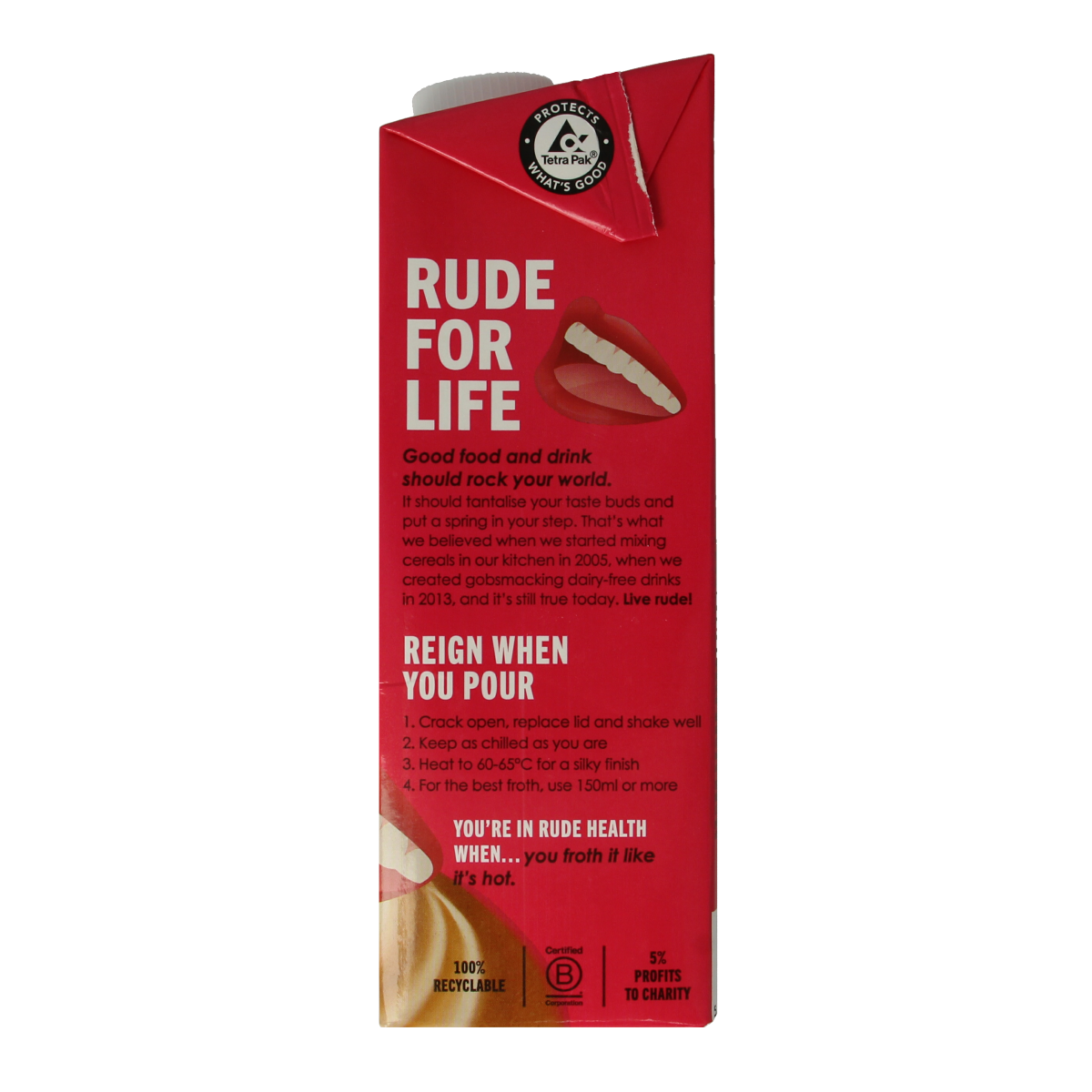 Rude Health Almond Barista plant-based milk in 1-liter carton, ideal for coffee and beverages, natural almond flavor.