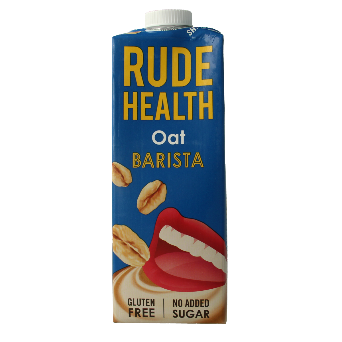 Rude Health oat barista drink in a 1-liter bottle, suitable for coffee and beverage recipes, in a clear plastic container.