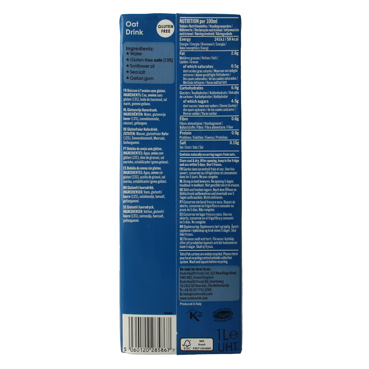 Rude Health oat barista plant-based milk in a 1-liter carton, suitable for coffee and beverages, in a natural setting