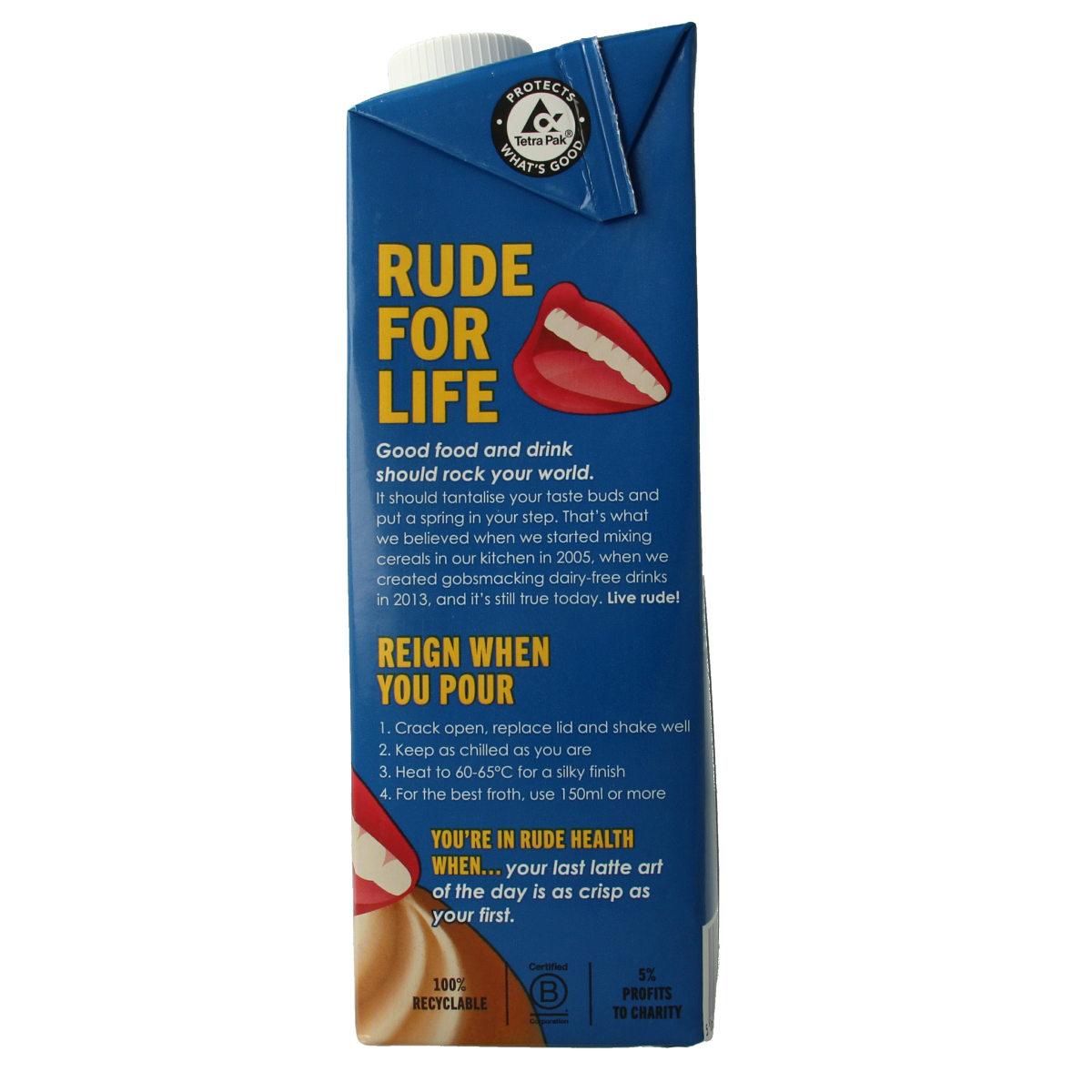 Rude Health Oat Barista plant-based beverage in 1-liter carton, suitable for coffee and drinks, in a natural, colorful packaging.
