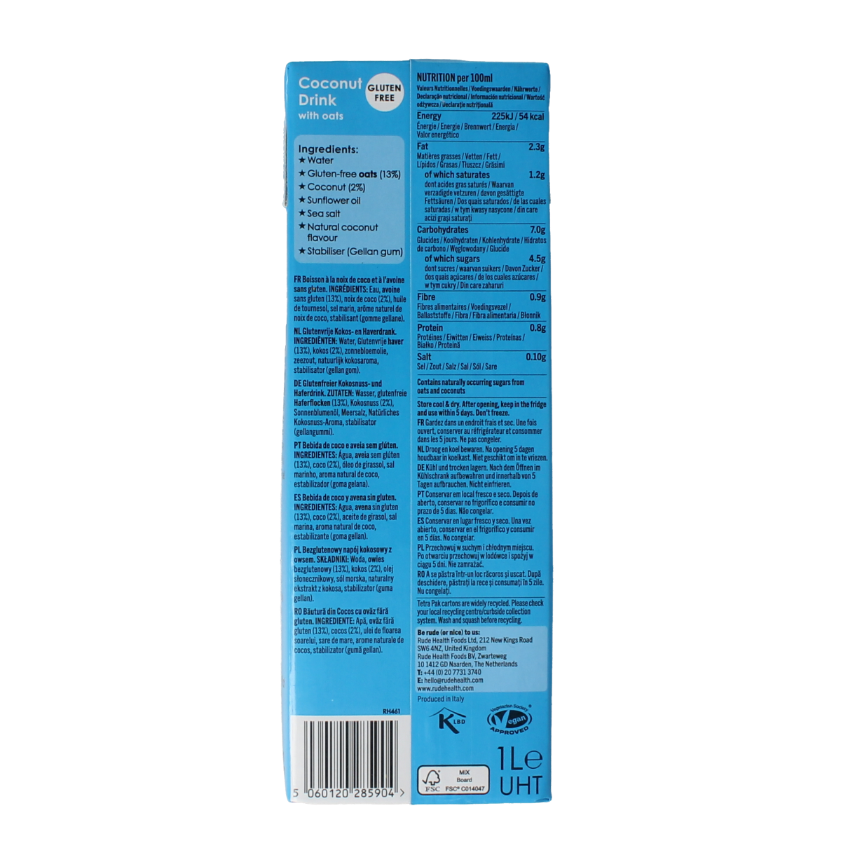 Rude Health Barista Coconut drink in 1-liter carton, a plant-based beverage for coffee and smoothies.