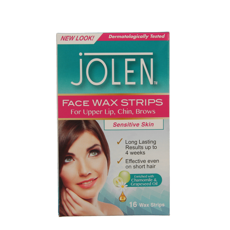 Jolen gezichtsontharing strips, 16 pieces, for facial hair removal, in a close-up image showing the strips and packaging.