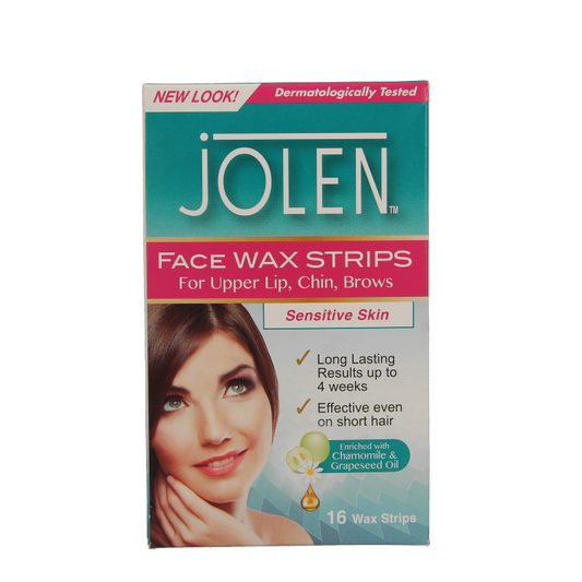 Jolen gezichtsontharing strips, 16 pieces, for facial hair removal, in a close-up image showing the strips and packaging.