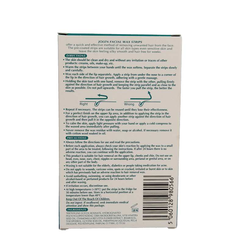 Jolen gezichtsontharing strips, 16 pieces, for facial hair removal, in a natural and easy-to-use strip format.