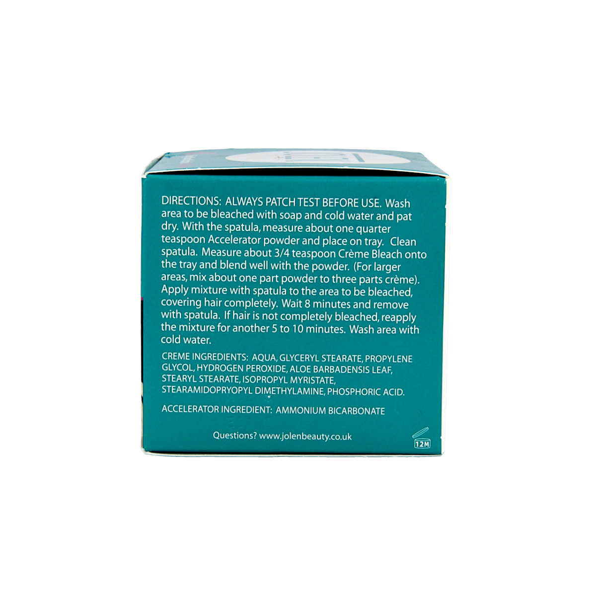 Jolen mild aloe vera creme bleach for hair coloring, 125ml, in a white tube with green accents and product label.