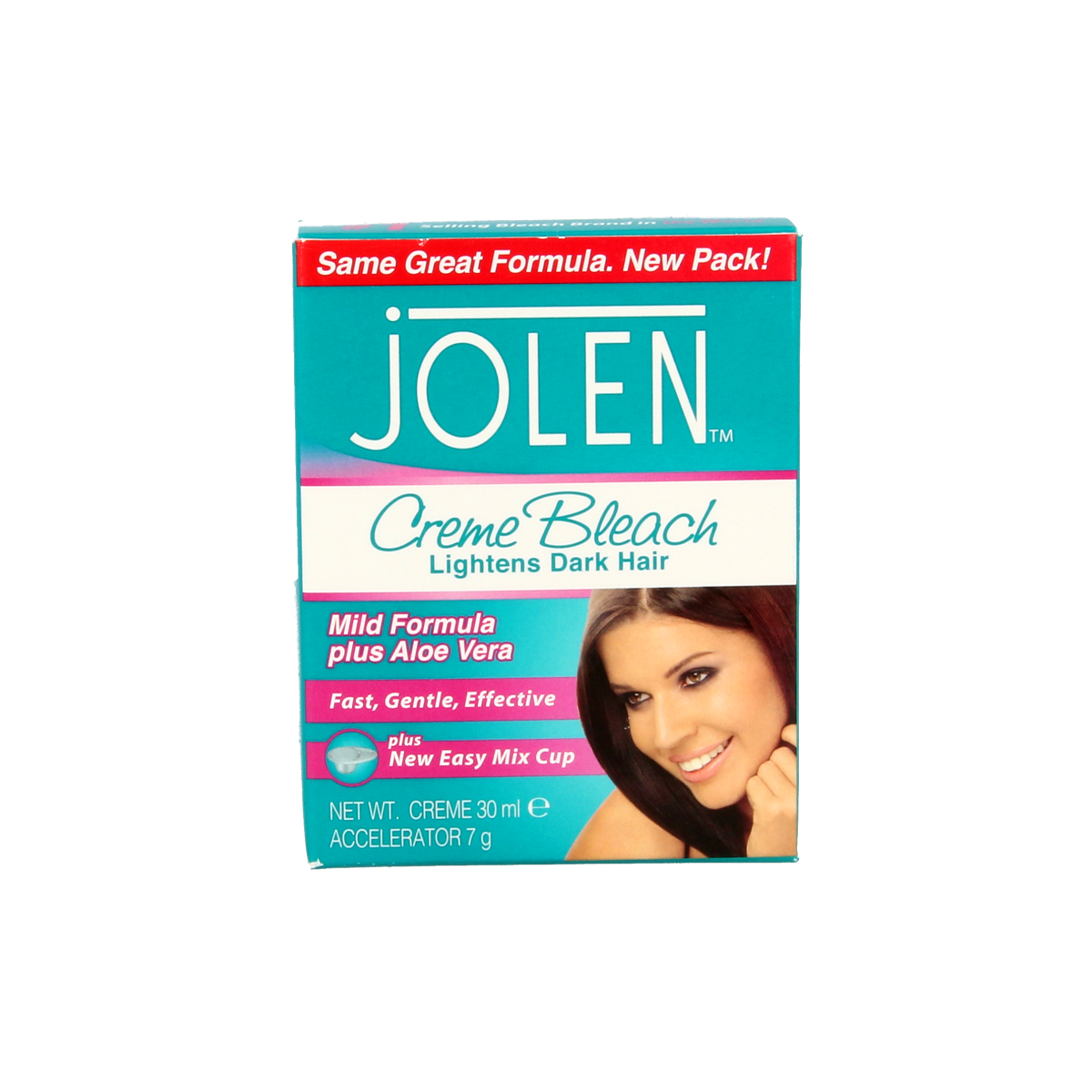 Jolen aloe vera creme bleach for hair coloring, 30ml tube with mild formula and soothing aloe vera extract.