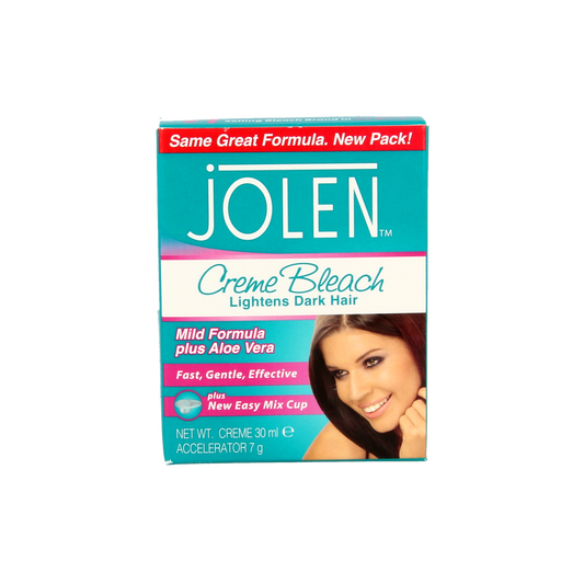 Jolen aloe vera creme bleach for hair coloring, 30ml tube with mild formula and soothing aloe vera extract.