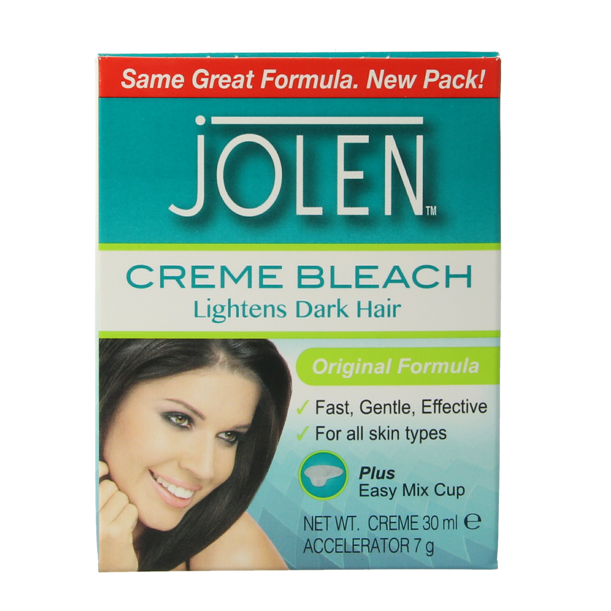 Jolen Ontkleuringscreme bleach cream for hair, 30ml, in a white container with blue and red labeling, used for hair lightening.