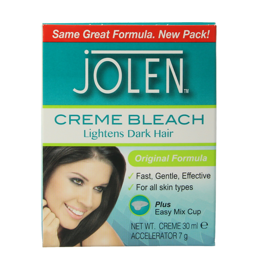 Jolen Ontkleuringscreme bleach cream for hair, 30ml, in a white container with blue and red labeling, used for hair lightening.