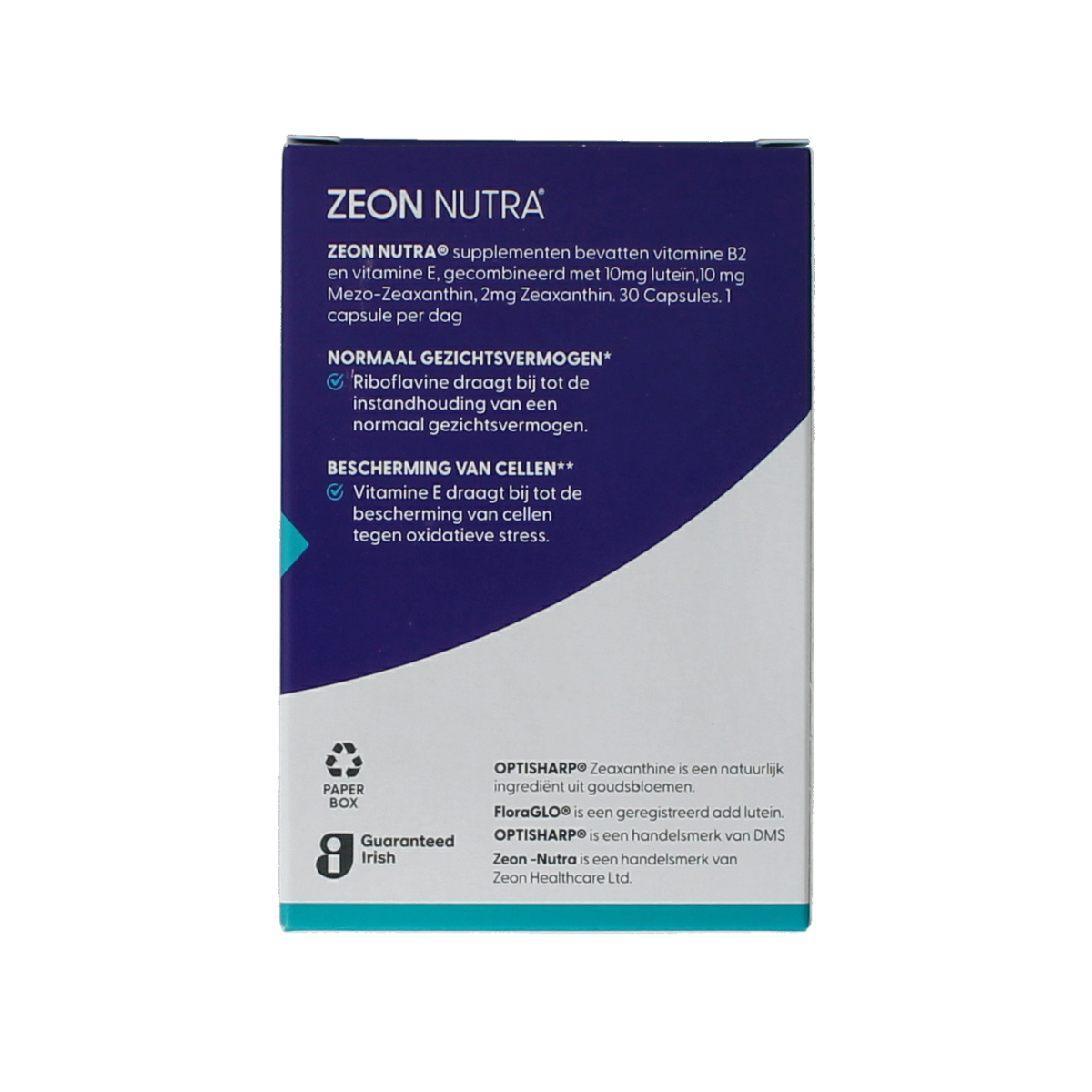 Zeon Nutra 30-capsule dietary supplement bottle, featuring capsules in a clear container with a white label.