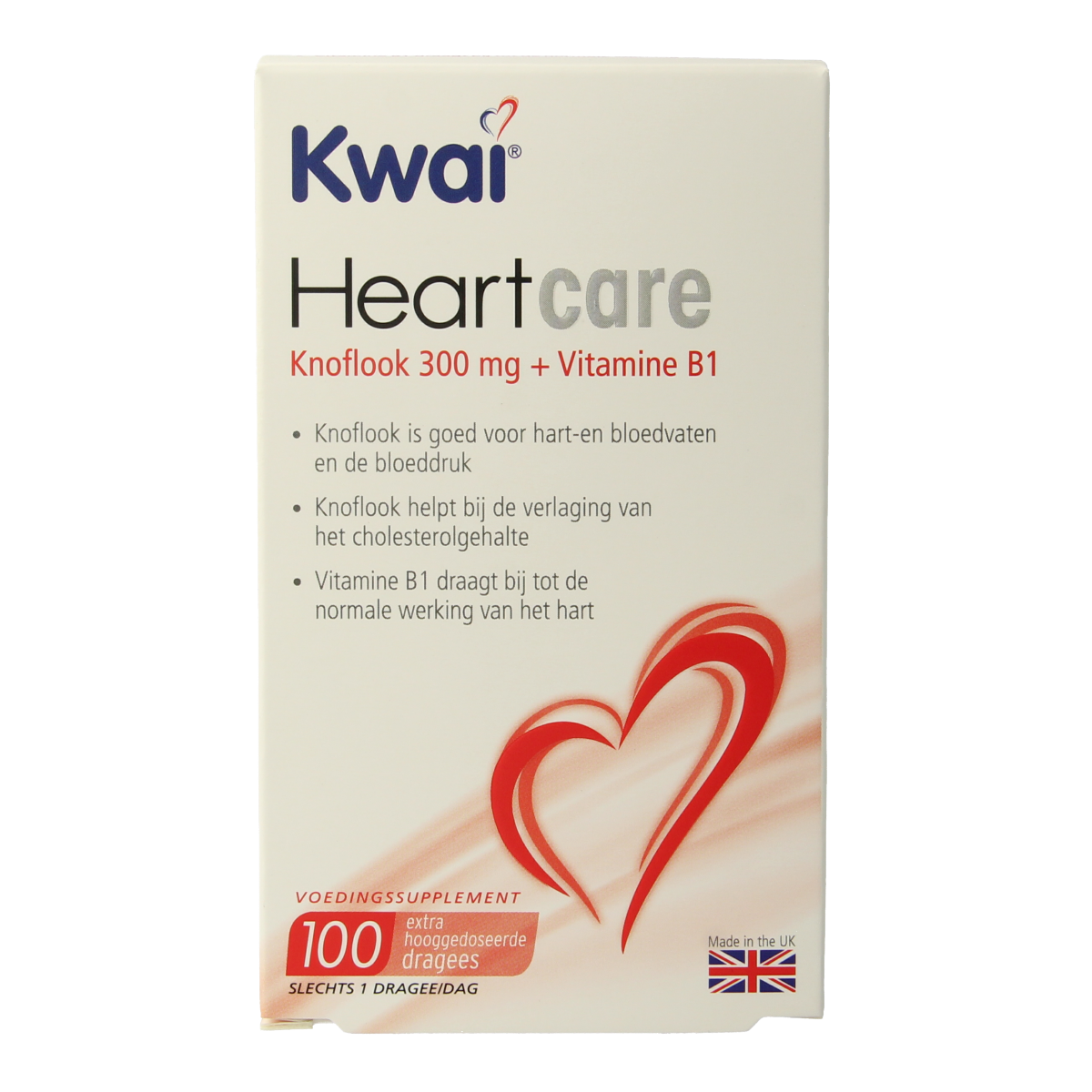 Kwai Heartcare knoflook dragees in a white container, herbal supplement for heart health, 100 dragees, natural herbal remedy.