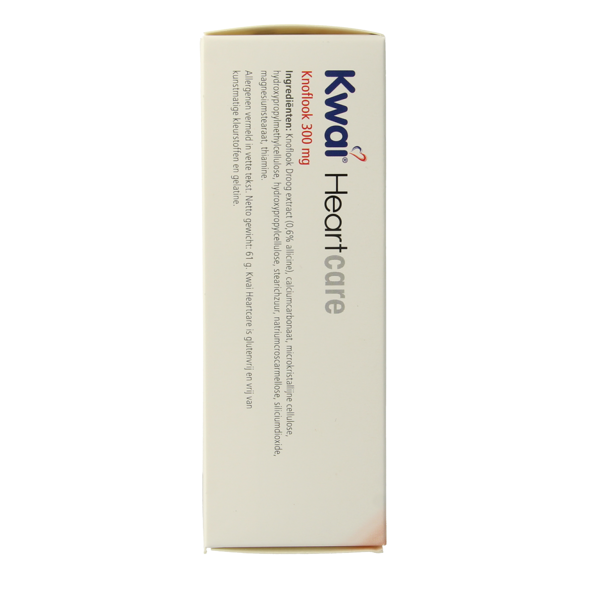 Kwai Heartcare knoflook dragees in a clear container, herbal supplement packaging with garlic cloves illustration.