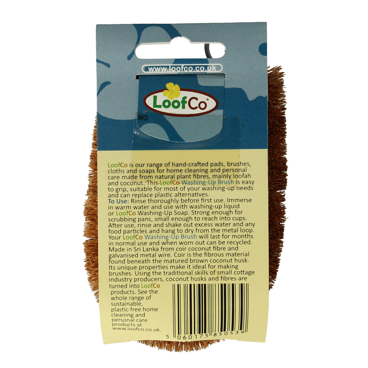 Loofco eco coconut dish brush showing natural fibers and wooden handle for eco-friendly cleaning.