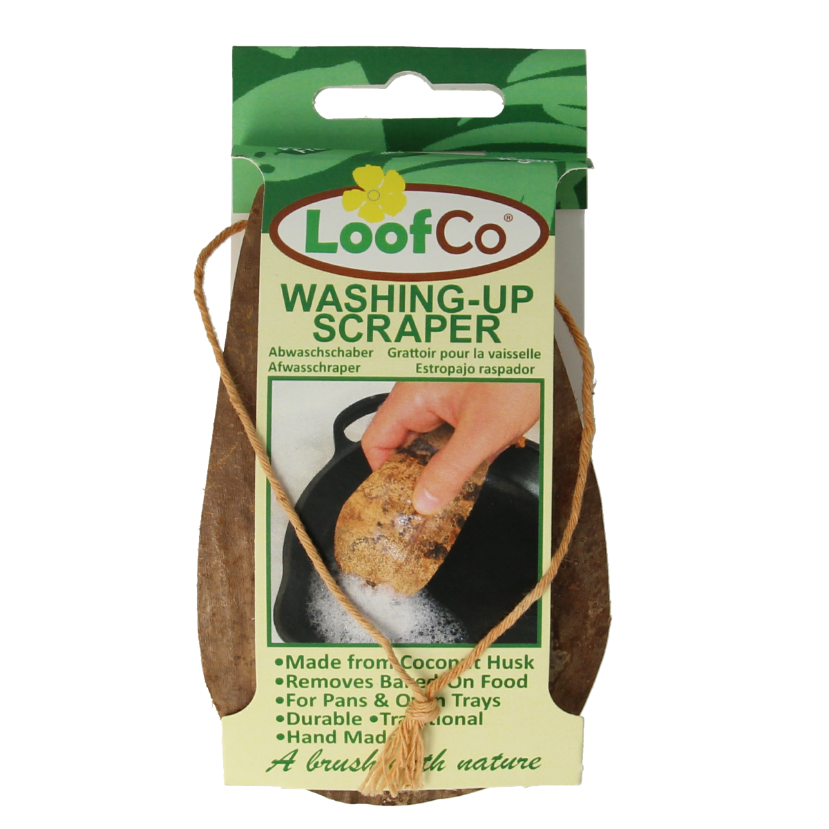Loofco bio coconut dish scrubber from Loofco, natural cleaning tool made from coconut fibers for kitchen use.