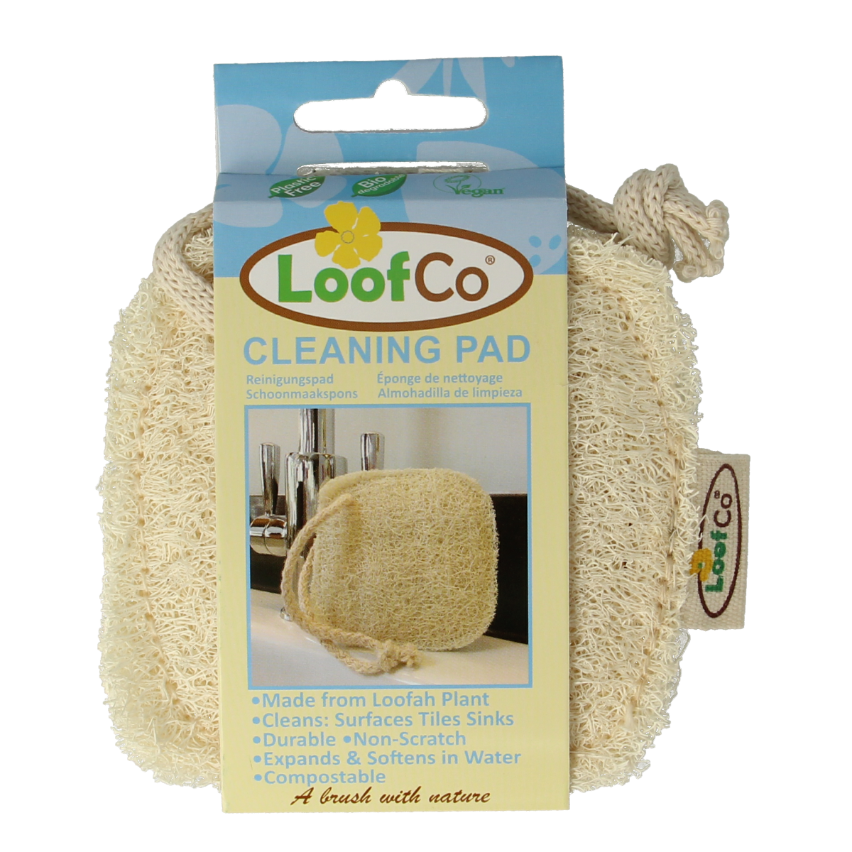 Loofco bio cleaning sponge, 1 piece, natural loofah scrubber for eco-friendly cleaning, shown in close-up.