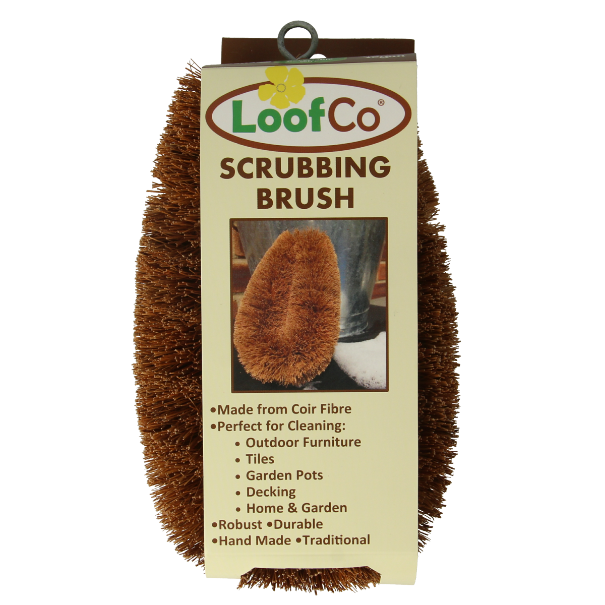 Loofco bio coconut scrub brush for cleaning, natural loofah material, eco-friendly kitchen and household cleaning tool.