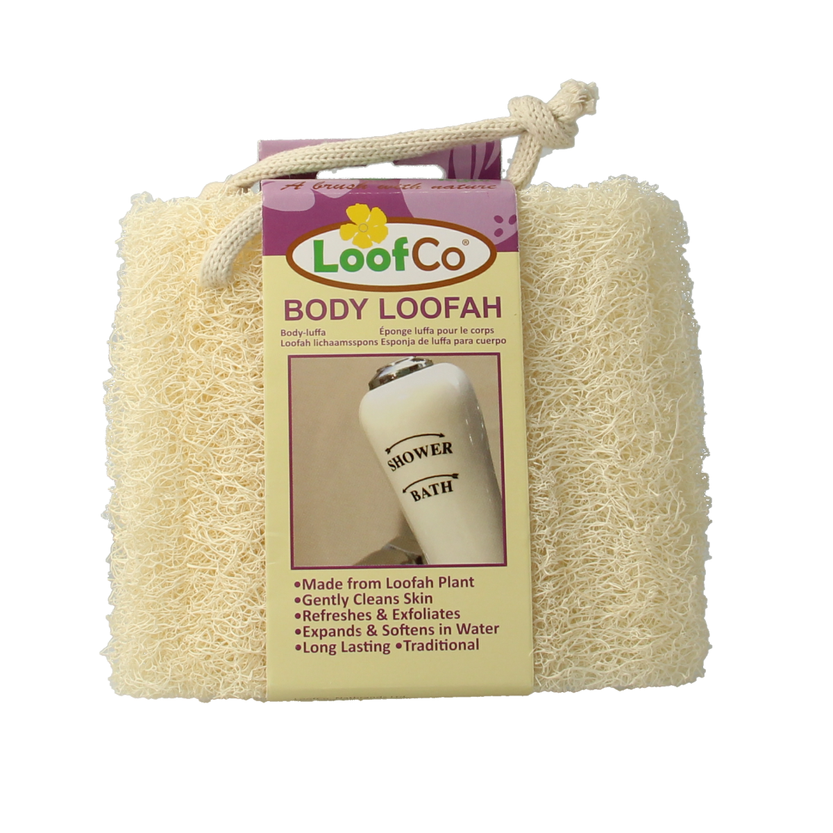 Loofco bio loofah sponge for bath and shower, natural luffa, showing textured surface and green stem for exfoliating skin.