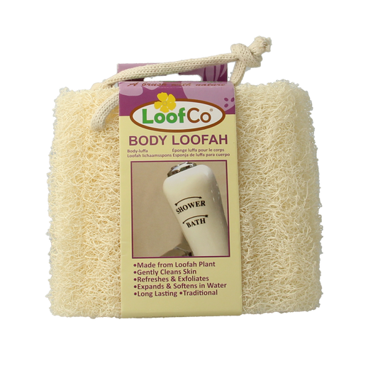 Loofco bio loofah sponge for bath and shower, natural luffa, showing textured surface and green stem for exfoliating skin.