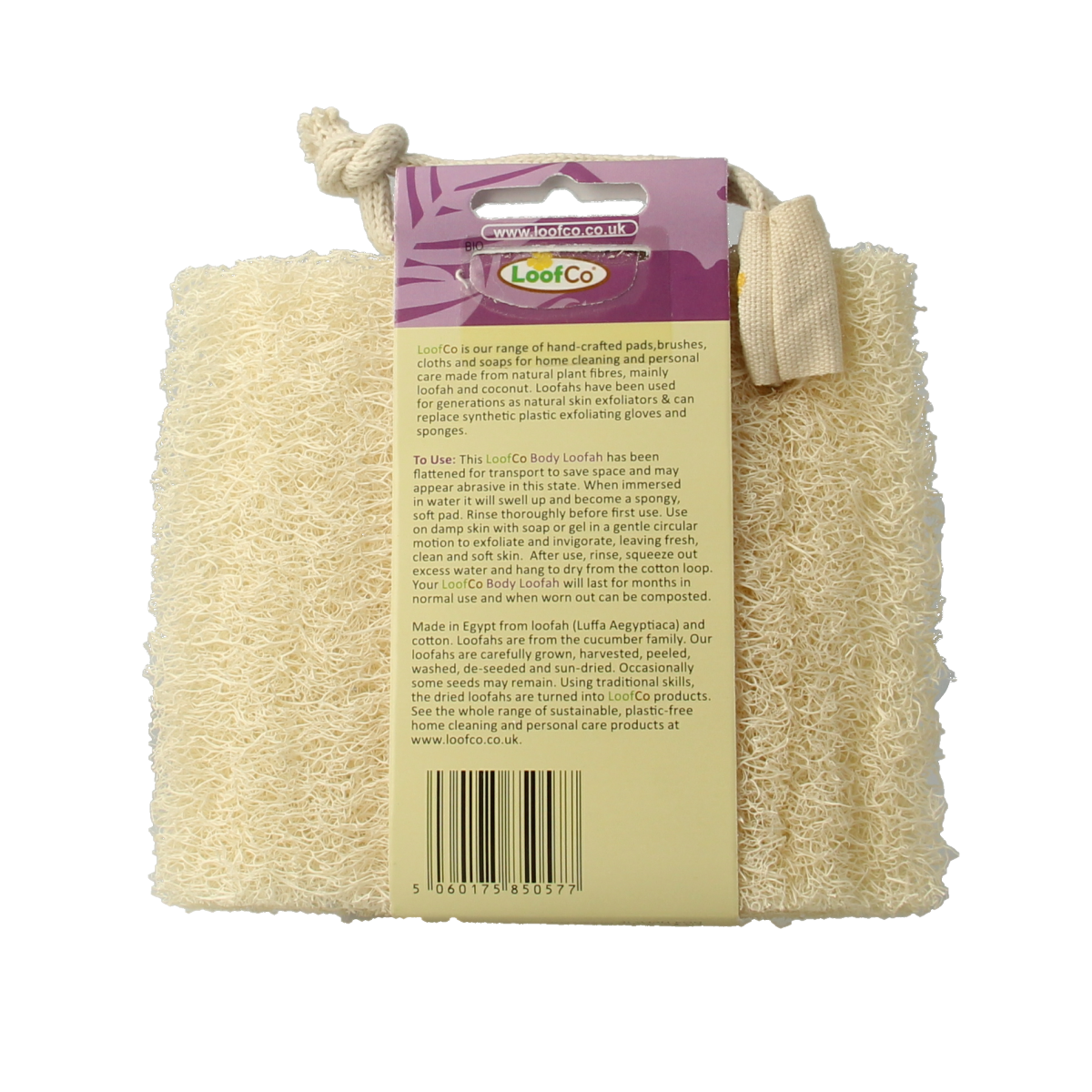 Loofco bio luffa sponge for bath and shower, natural exfoliating loofah in white, perfect for cleansing and skincare.