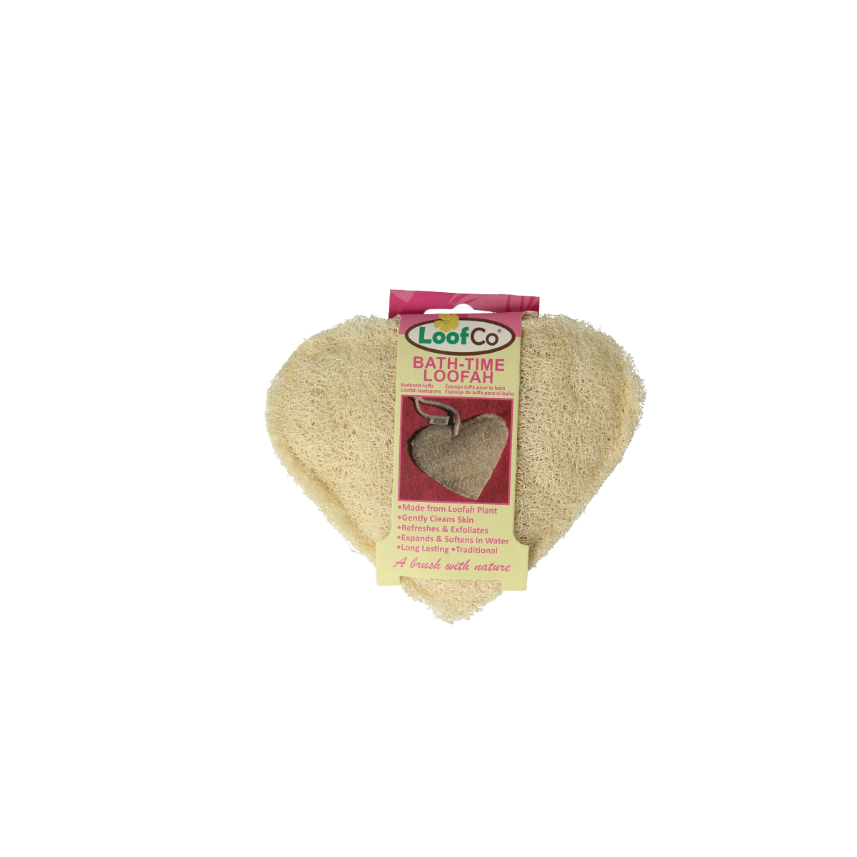 Loofco eco shower and bath sponge shaped like a heart, natural loofah material for gentle cleansing, single piece.
