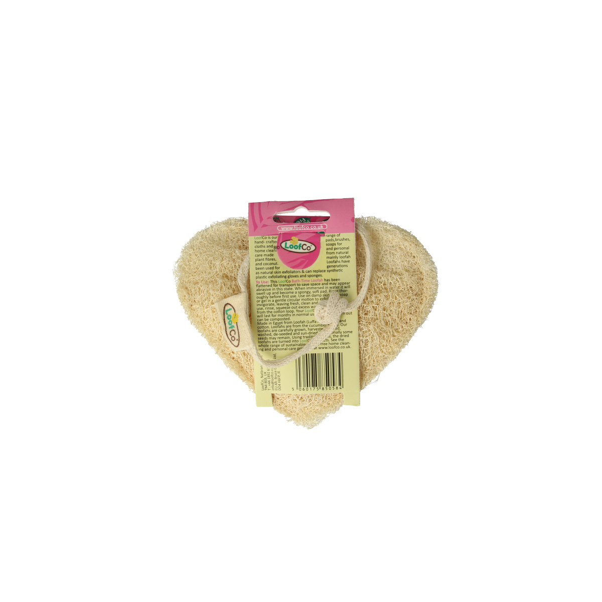 Loofco eco-friendly heart-shaped bath and shower sponge, soft natural loofah for gentle cleansing in the shower or bath.