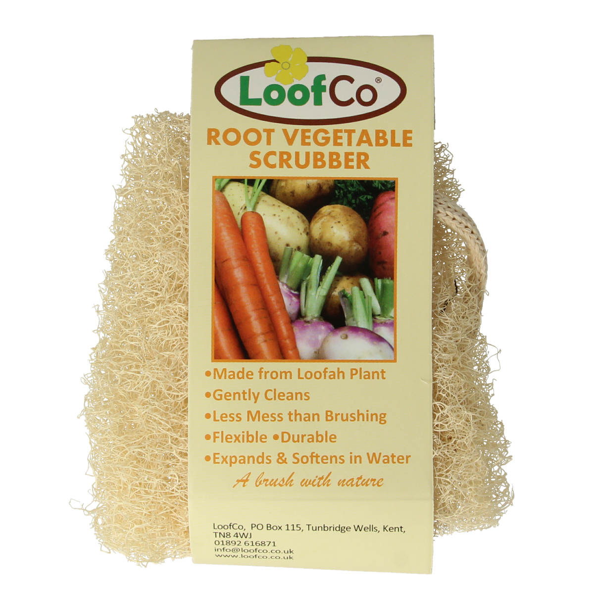 Loofco bio vegetable scrub sponge showing natural loofah surface, ideal for eco-friendly cleaning of kitchen and household surfaces.