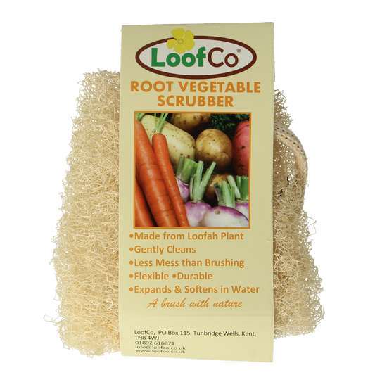 Loofco bio vegetable scrub sponge showing natural loofah surface, ideal for eco-friendly cleaning of kitchen and household surfaces.