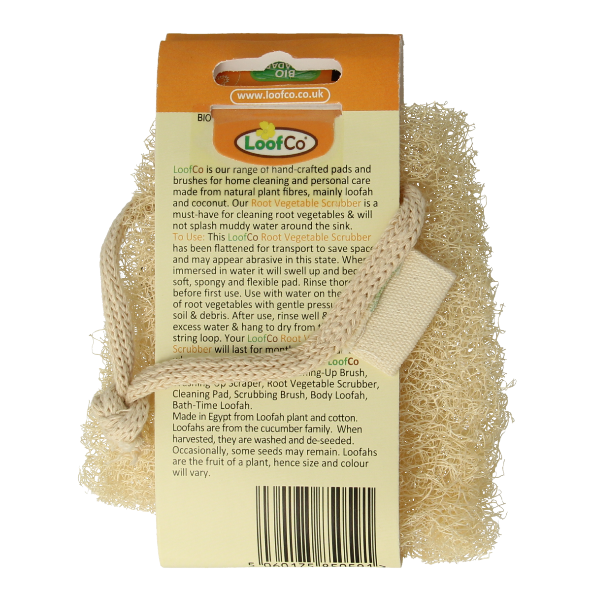 Loofco Groente spons bio, natural vegetable cleaning sponge, shown in close-up with textured surface and eco-friendly design.