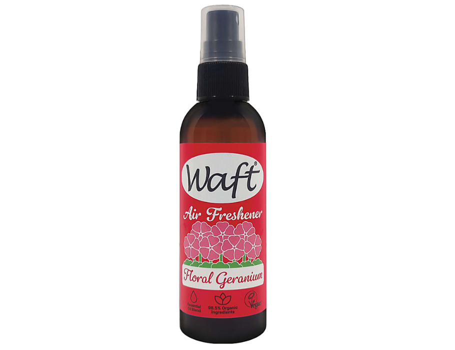 Waft geranium air freshener spray bottle, 100ml, for toilets and rooms, with colorful label and spray nozzle visible.