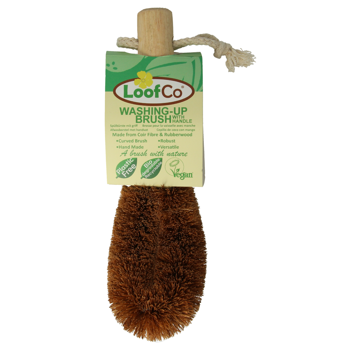 Loofco eco-friendly coconut handle dish brush for cleaning, natural and sustainable kitchen scrubber, single piece.