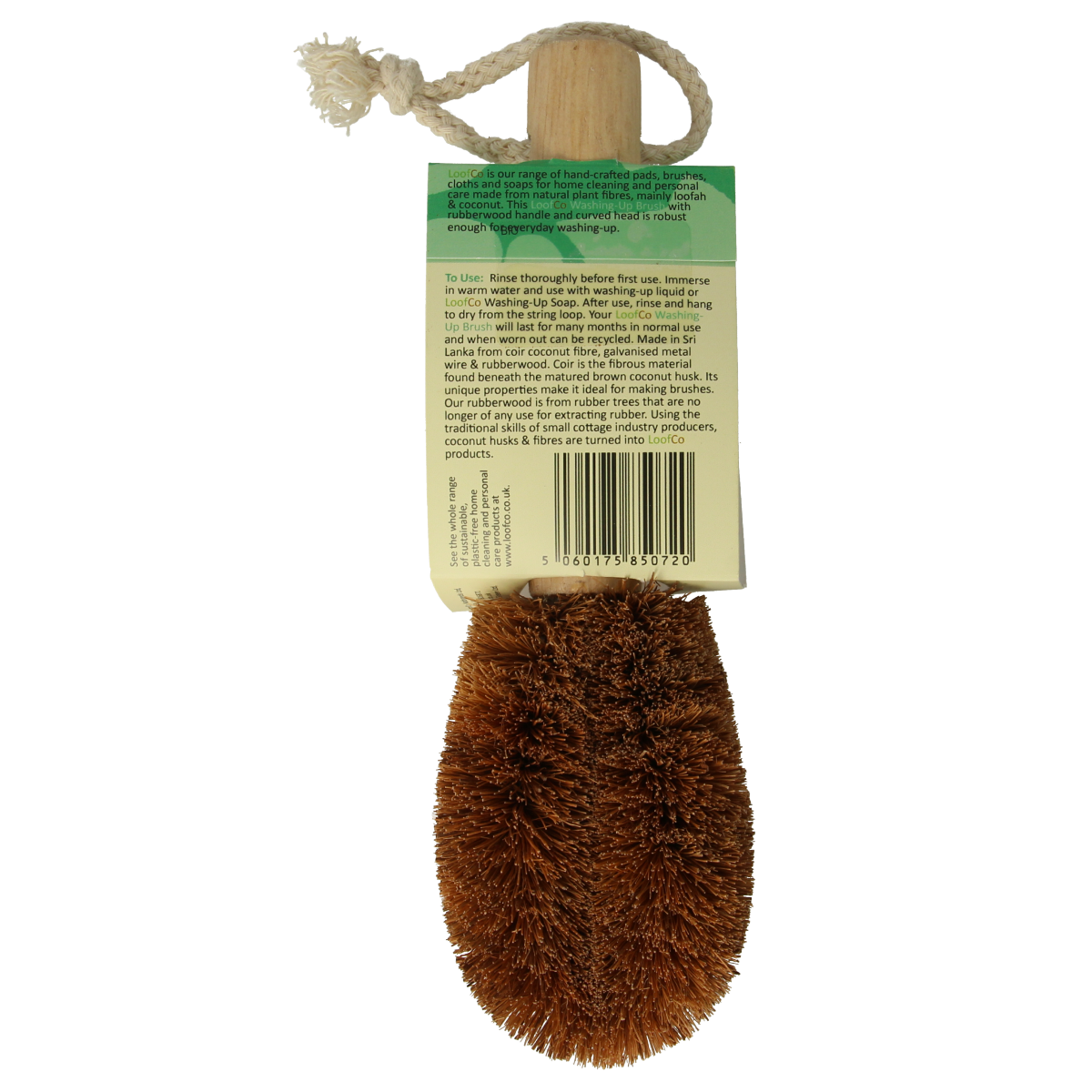 Loofco eco-friendly coconut hand-held dish brush with wooden handle for cleaning dishes and kitchen utensils.