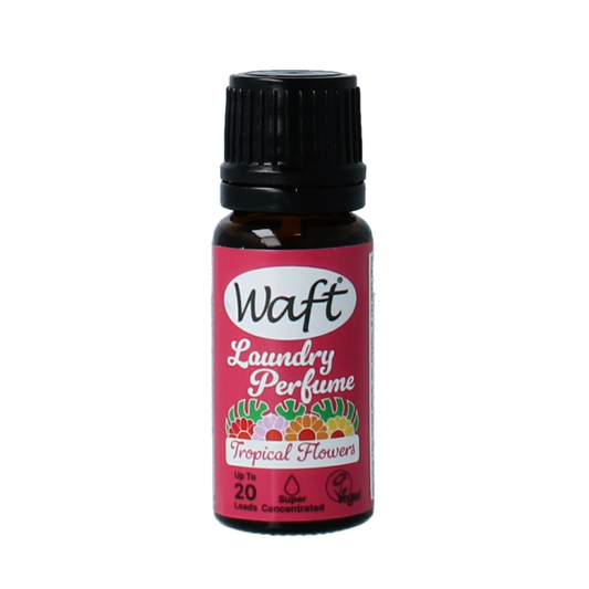 Waft Wasparfum tropical flowers scent in 10ml bottle, a liquid fabric softener with floral fragrance for fresh laundry.