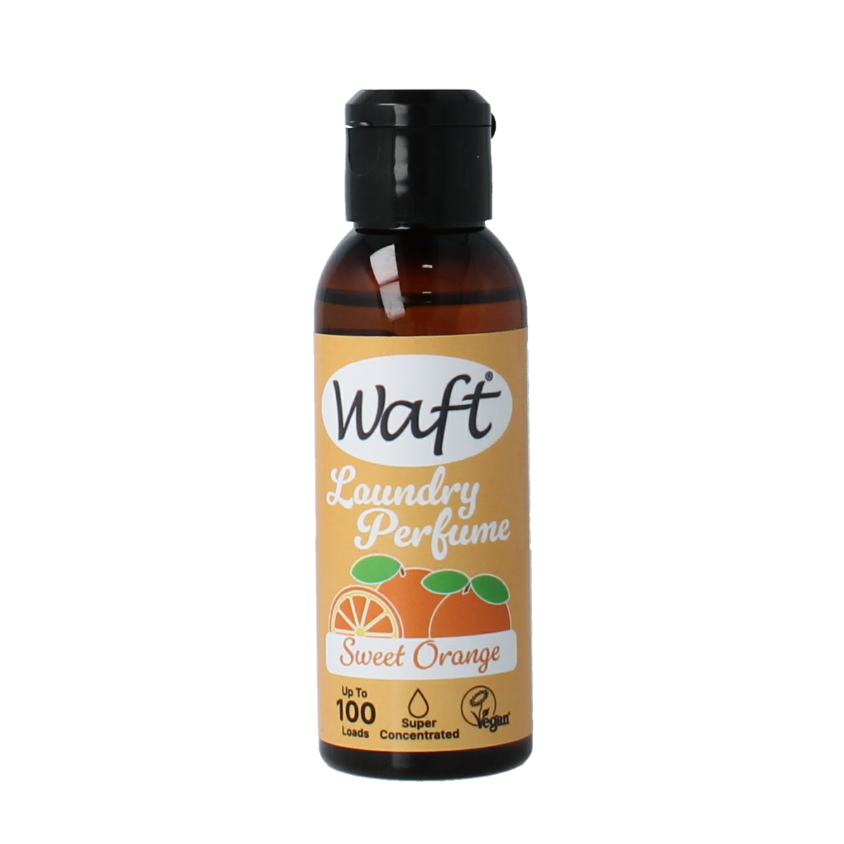 Waft Wasparfum Sweet Orange laundry fragrance bottle, 50ml, with bright orange liquid visible inside.