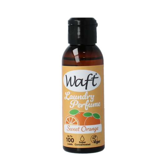 Waft Wasparfum Sweet Orange laundry fragrance bottle, 50ml, with bright orange liquid visible inside.