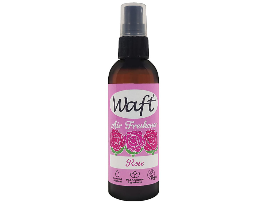 Waft Roos luchtverfrisser toiletreiniger spray 100ml, fresh rose scent for bathroom freshness and odor elimination.