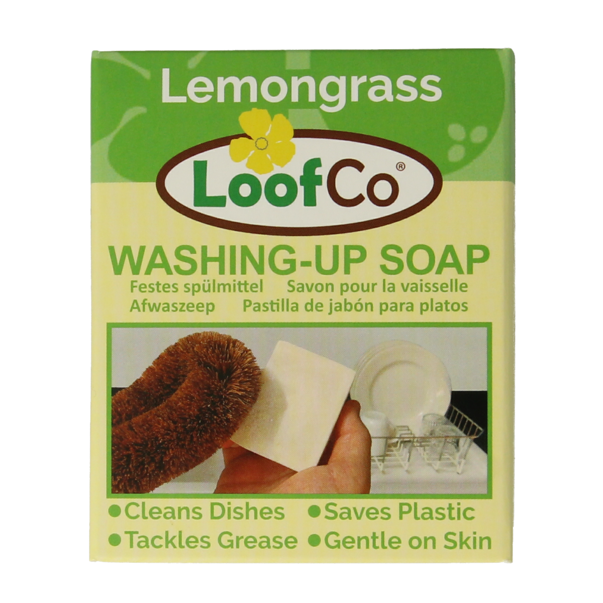Loofco palm oil-free lime grass bio dish soap in a 1-liter bottle, natural eco-friendly cleaning product for dishes.