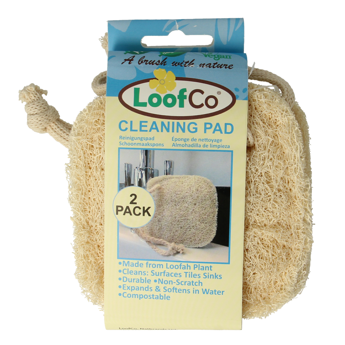 Loofco bio cleaning sponge with 2-pack of natural loofah scrubbers for eco-friendly cleaning in the kitchen or bathroom.