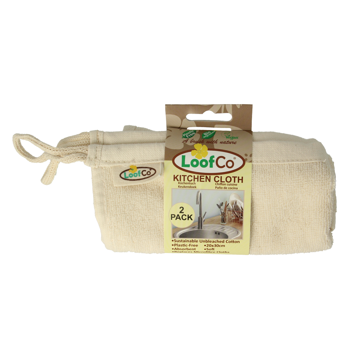 Loofco bio cleaning cloths, set of 2, natural loofah dishcloths for eco-friendly household cleaning.