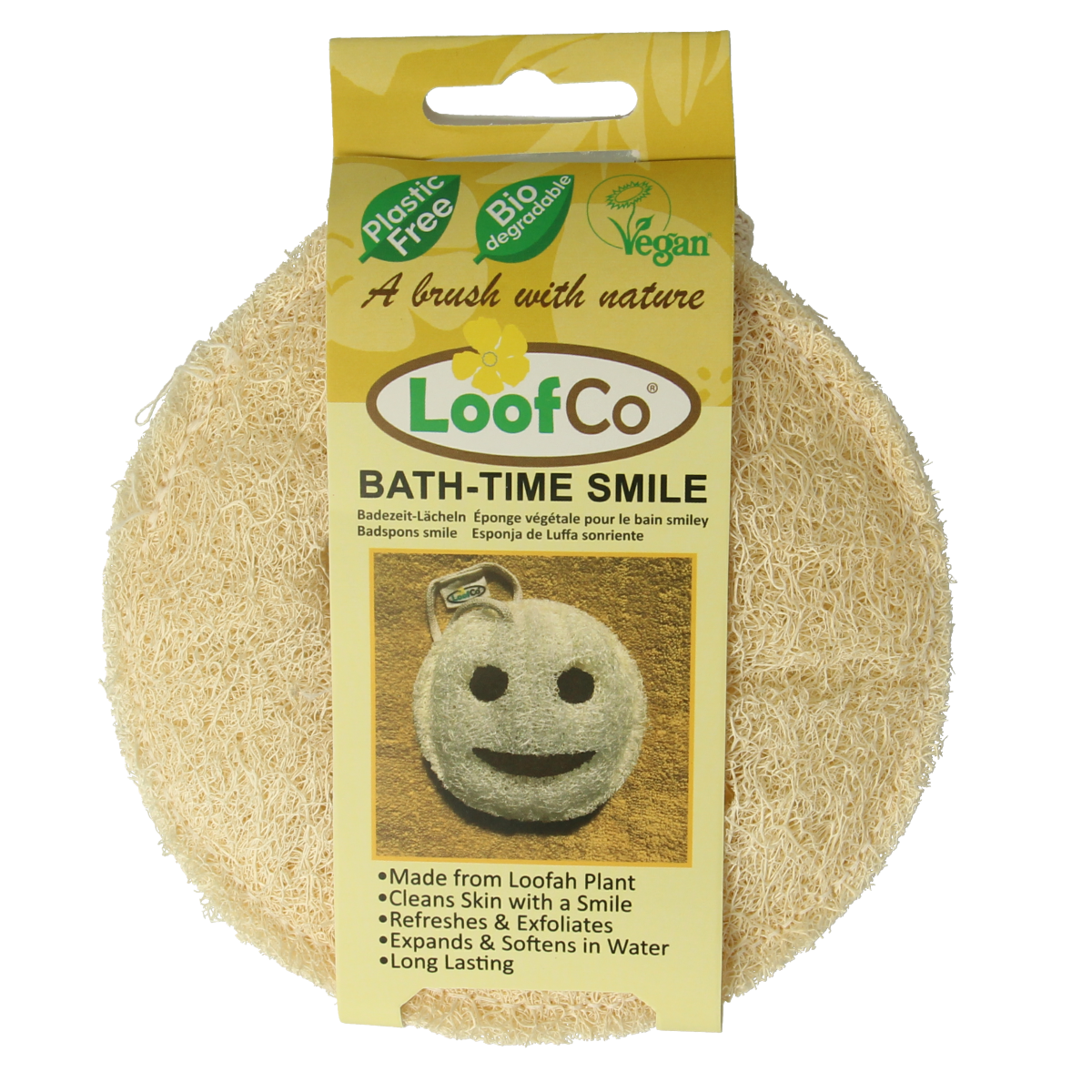 Loofco smiley-shaped bamboo bath and shower sponge, natural and biodegradable, perfect for gentle cleansing.