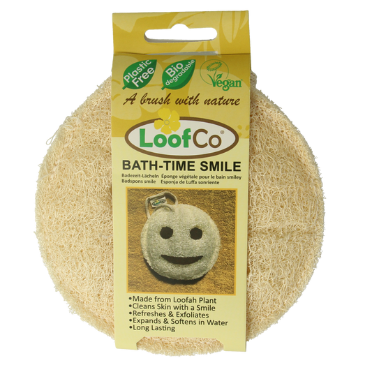 Loofco smiley-shaped bamboo bath and shower sponge, natural and biodegradable, perfect for gentle cleansing.