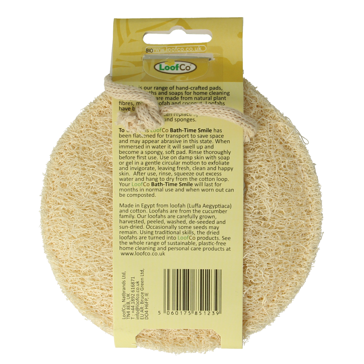 Loofco smiley-shaped organic bath and shower sponge, soft and absorbent, ideal for gentle cleansing in the shower or bath.