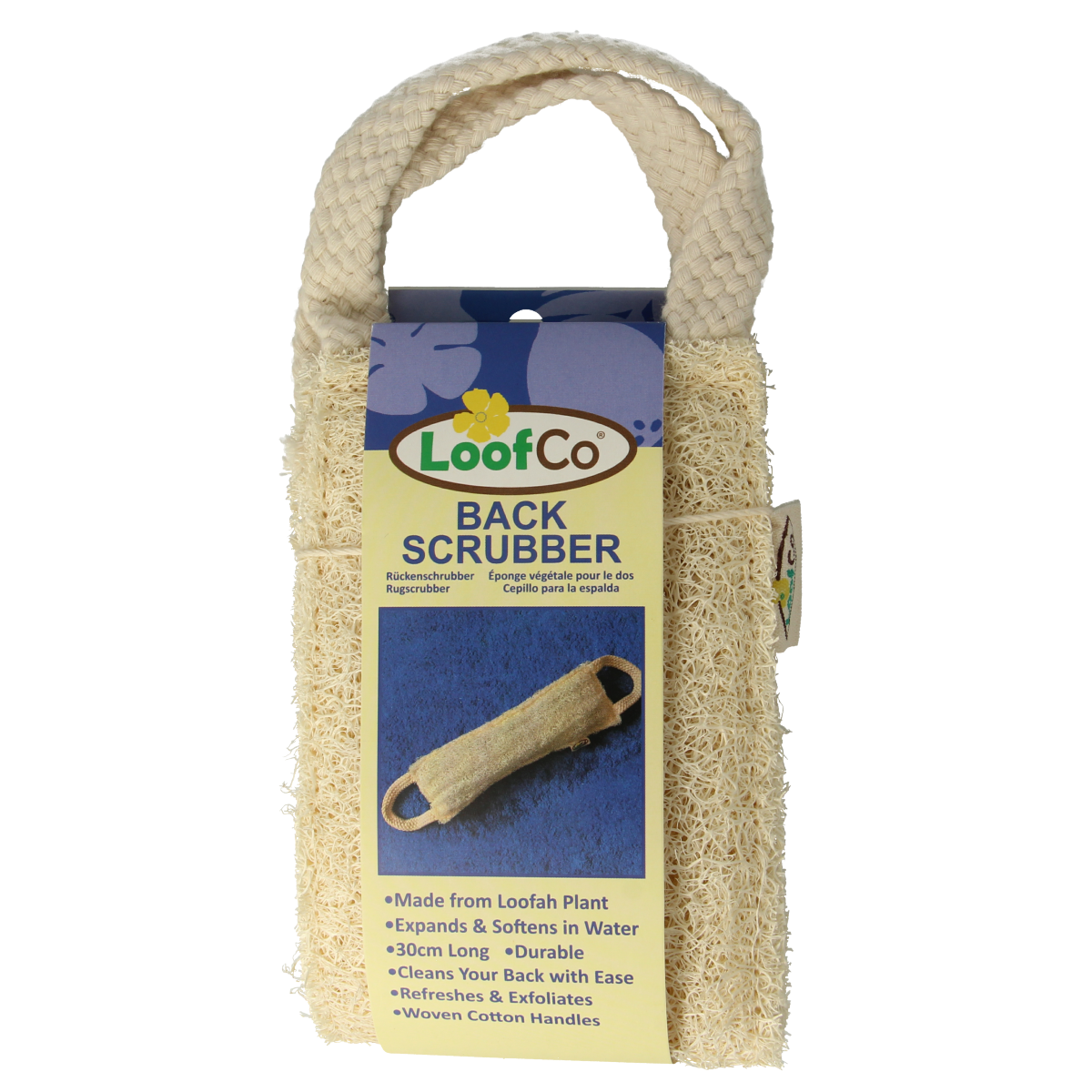 Loofco bio loofah rug scrubber for bath and shower, natural exfoliating loofah for cleaning skin.