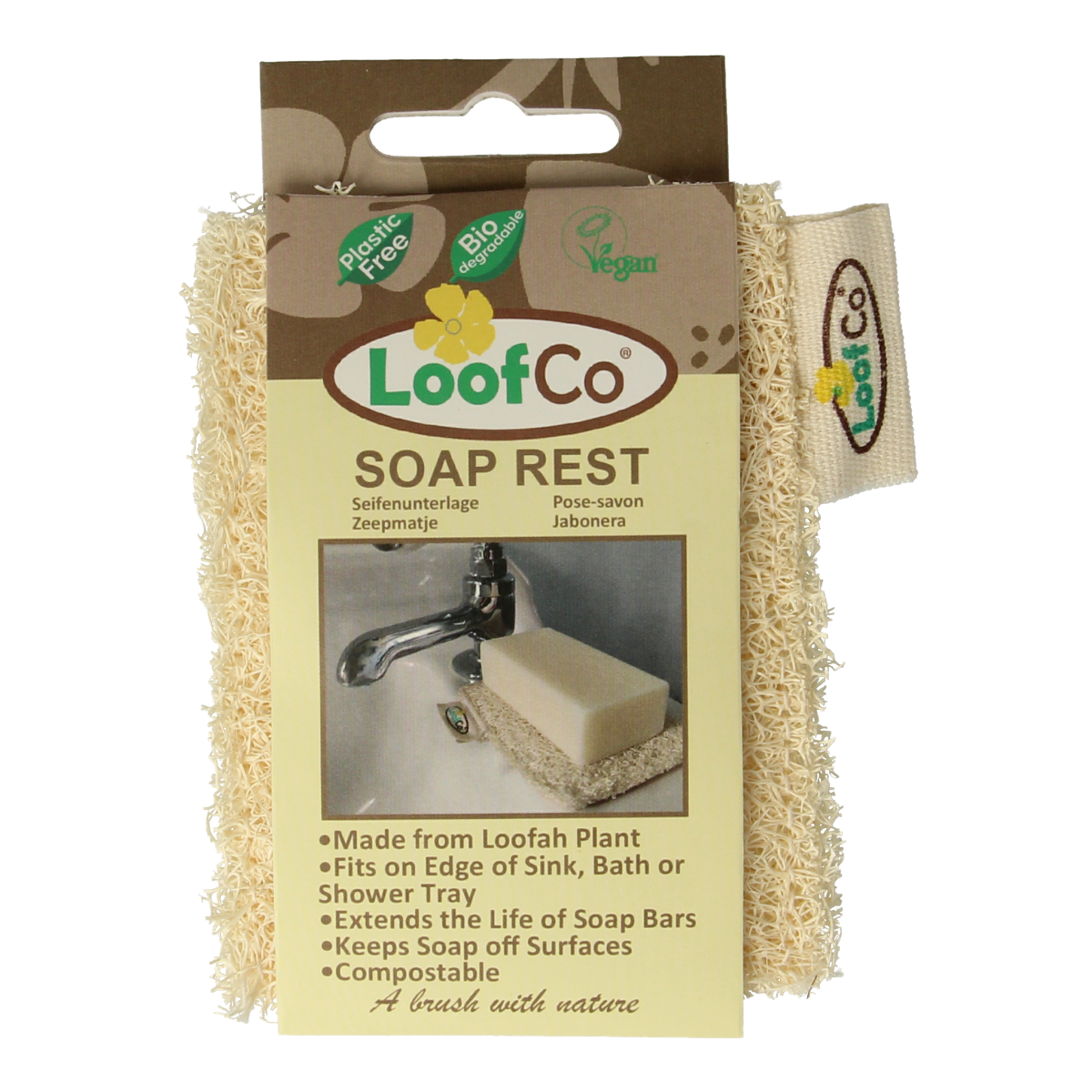 Loofco bio soap holder for bathroom and toilet, natural wooden design, with soap resting inside, in a clean bathroom setting.