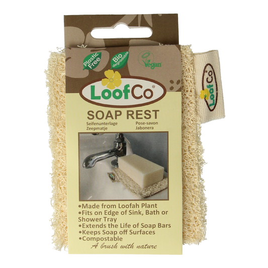 Loofco bio soap holder for bathroom and toilet, natural wooden design, with soap resting inside, in a clean bathroom setting.